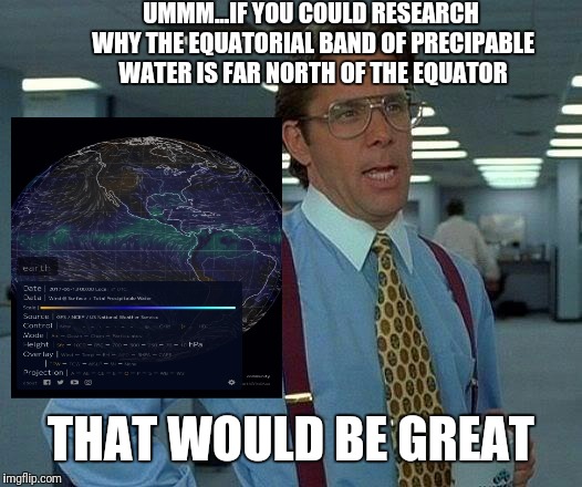 That Would Be Great Meme | UMMM...IF YOU COULD RESEARCH WHY THE EQUATORIAL BAND OF PRECIPABLE WATER IS FAR NORTH OF THE EQUATOR THAT WOULD BE GREAT | image tagged in memes,that would be great | made w/ Imgflip meme maker