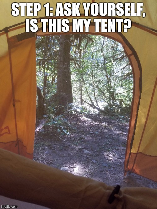 How to party like a rockstar in the forest | STEP 1: ASK YOURSELF, IS THIS MY TENT? | image tagged in tents,camping | made w/ Imgflip meme maker