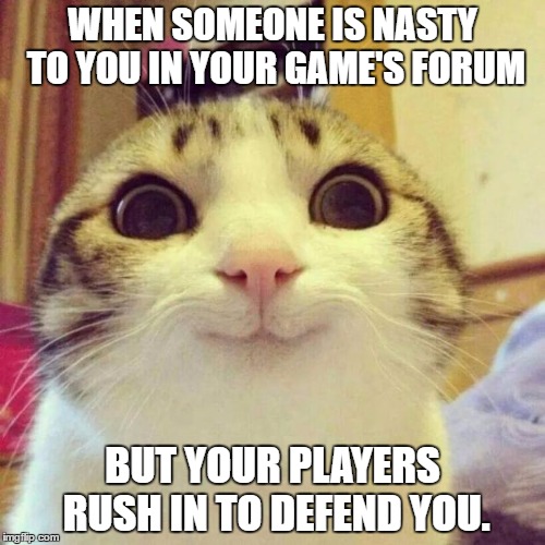 Smiling Cat Meme | WHEN SOMEONE IS NASTY TO YOU IN YOUR GAME'S FORUM; BUT YOUR PLAYERS RUSH IN TO DEFEND YOU. | image tagged in memes,smiling cat | made w/ Imgflip meme maker