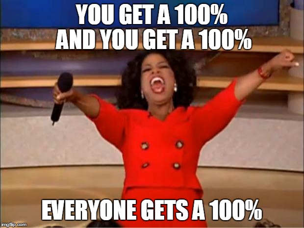 Oprah You Get A | YOU GET A 100% AND YOU GET A 100%; EVERYONE GETS A 100% | image tagged in memes,oprah you get a | made w/ Imgflip meme maker