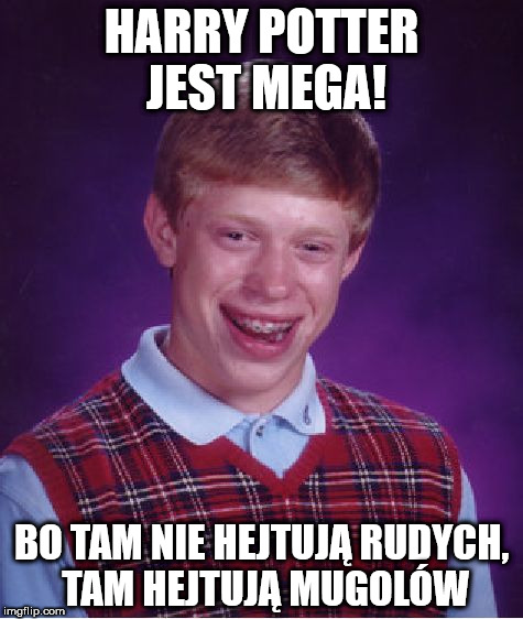 Bad Luck Brian Meme | HARRY POTTER JEST MEGA! BO TAM NIE HEJTUJĄ RUDYCH, TAM HEJTUJĄ MUGOLÓW | image tagged in memes,bad luck brian | made w/ Imgflip meme maker