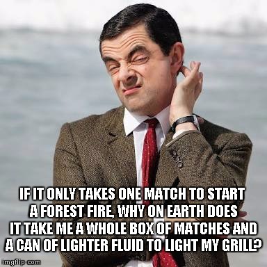 Mr Bean Question | IF IT ONLY TAKES ONE MATCH TO START A FOREST FIRE, WHY ON EARTH DOES IT TAKE ME A WHOLE BOX OF MATCHES AND A CAN OF LIGHTER FLUID TO LIGHT MY GRILL? | image tagged in mr bean question | made w/ Imgflip meme maker