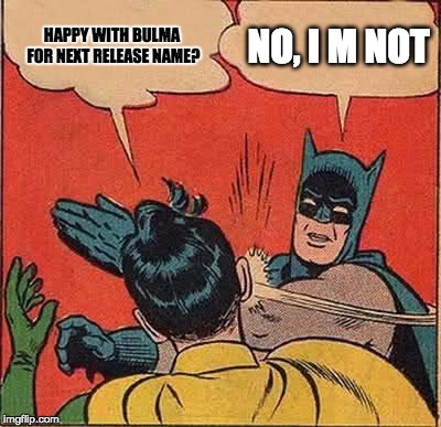 Batman Slapping Robin Meme | HAPPY WITH BULMA FOR NEXT RELEASE NAME? NO, I M NOT | image tagged in memes,batman slapping robin | made w/ Imgflip meme maker