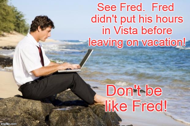 laptop beach | See Fred.  Fred didn't put his hours in Vista before leaving on vacation! Don't be like Fred! | image tagged in laptop beach | made w/ Imgflip meme maker