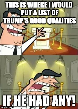 That list would fit on the head of a pin! | THIS IS WHERE I WOULD PUT A LIST OF TRUMP'S GOOD QUALITIES; IF HE HAD ANY! | image tagged in memes,this is where i'd put my trophy if i had one | made w/ Imgflip meme maker
