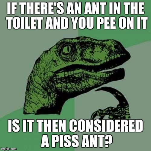 Philosoraptor Meme | IF THERE'S AN ANT IN THE TOILET AND YOU PEE ON IT; IS IT THEN CONSIDERED A PISS ANT? | image tagged in memes,philosoraptor | made w/ Imgflip meme maker