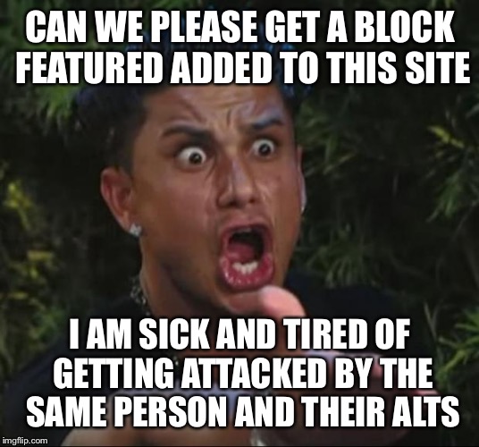 DJ Pauly D | CAN WE PLEASE GET A BLOCK FEATURED ADDED TO THIS SITE; I AM SICK AND TIRED OF GETTING ATTACKED BY THE SAME PERSON AND THEIR ALTS | image tagged in memes,dj pauly d | made w/ Imgflip meme maker