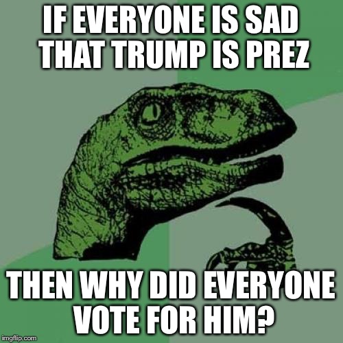Philosoraptor Meme | IF EVERYONE IS SAD THAT TRUMP IS PREZ; THEN WHY DID EVERYONE VOTE FOR HIM? | image tagged in memes,philosoraptor | made w/ Imgflip meme maker