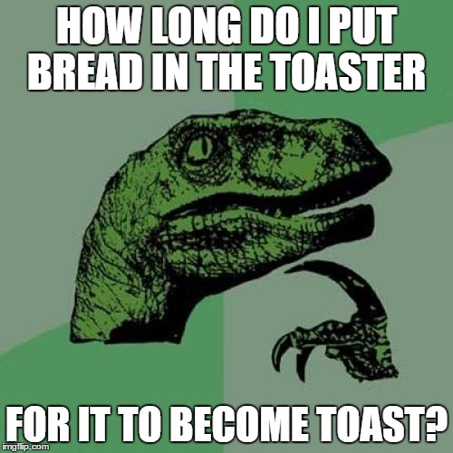 BREAAADDDD | HOW LONG DO I PUT BREAD IN THE TOASTER; FOR IT TO BECOME TOAST? | image tagged in memes,philosoraptor | made w/ Imgflip meme maker