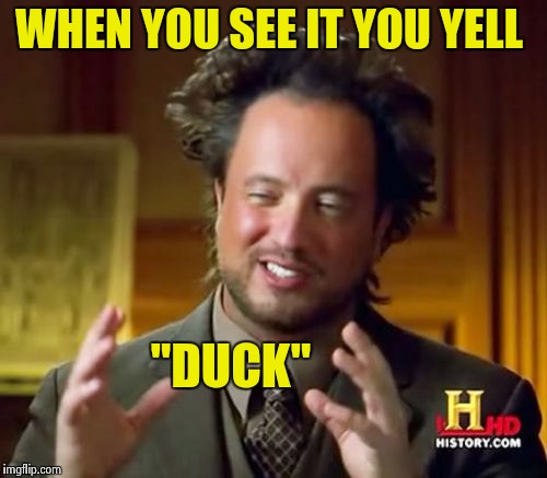 Ancient Aliens Meme | WHEN YOU SEE IT YOU YELL "DUCK" | image tagged in memes,ancient aliens | made w/ Imgflip meme maker