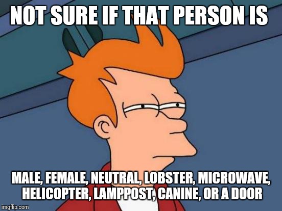 Futurama Fry | NOT SURE IF THAT PERSON IS; MALE, FEMALE, NEUTRAL, LOBSTER, MICROWAVE, HELICOPTER, LAMPPOST, CANINE, OR A DOOR | image tagged in memes,futurama fry | made w/ Imgflip meme maker