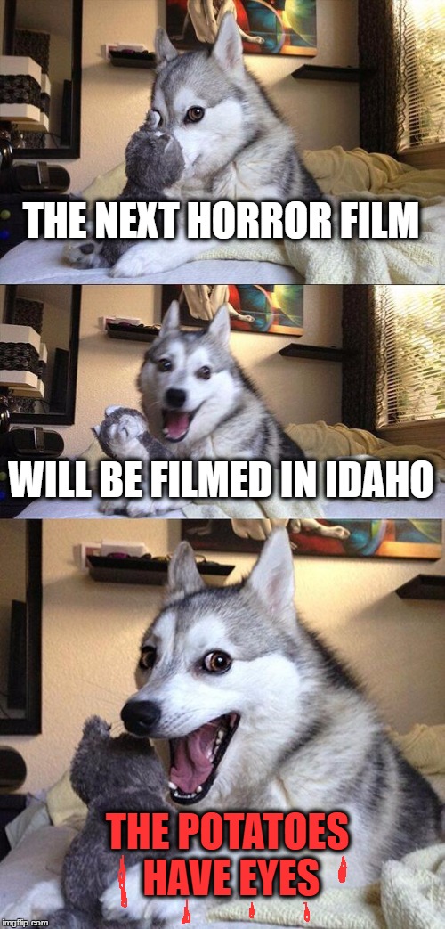 Bad Pun Dog | THE NEXT HORROR FILM; WILL BE FILMED IN IDAHO; THE POTATOES HAVE EYES | image tagged in memes,bad pun dog | made w/ Imgflip meme maker