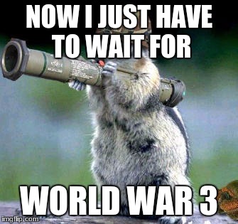 Bazooka Squirrel | NOW I JUST HAVE TO WAIT FOR; WORLD WAR 3 | image tagged in memes,bazooka squirrel | made w/ Imgflip meme maker