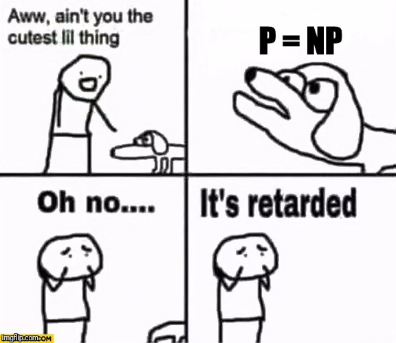 Oh no it's retarded! | P = NP | image tagged in oh no it's retarded | made w/ Imgflip meme maker