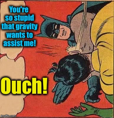 Batman Slapping Robin | You're so stupid that gravity wants to assist me! Ouch! | image tagged in memes,batman slapping robin,evilmandoevil,funny | made w/ Imgflip meme maker