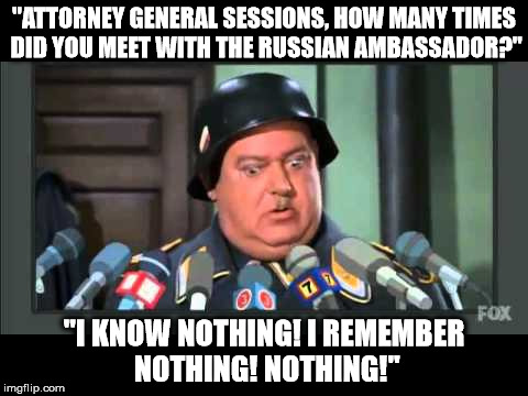 "ATTORNEY GENERAL SESSIONS, HOW MANY TIMES DID YOU MEET WITH THE RUSSIAN AMBASSADOR?"; "I KNOW NOTHING! I REMEMBER NOTHING! NOTHING!" | image tagged in jeff sessions,lying jeff sessions,donald trump | made w/ Imgflip meme maker