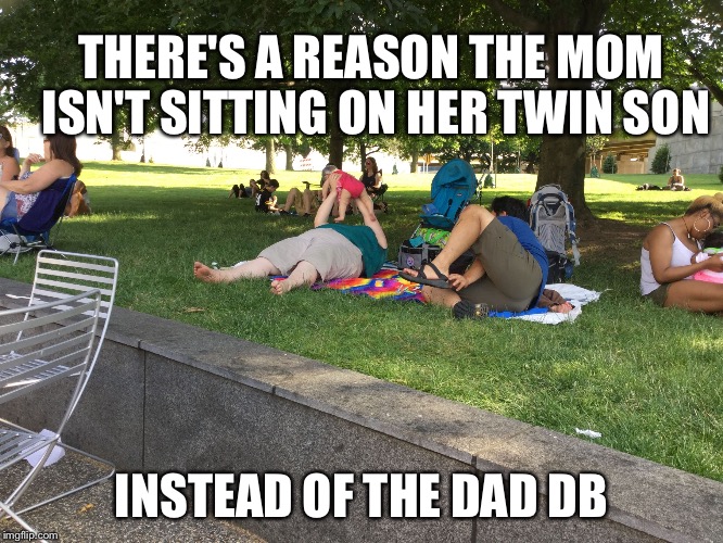 THERE'S A REASON THE MOM ISN'T SITTING ON HER TWIN SON; INSTEAD OF THE DAD DB | image tagged in fat mom twins biracial couple | made w/ Imgflip meme maker