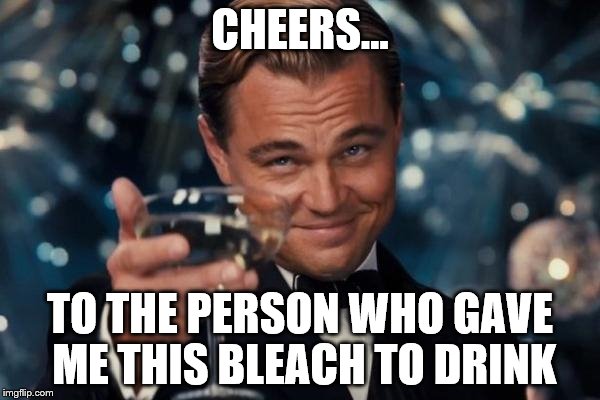 Cheers Boi |  CHEERS... TO THE PERSON WHO GAVE ME THIS BLEACH TO DRINK | image tagged in memes,leonardo dicaprio cheers | made w/ Imgflip meme maker