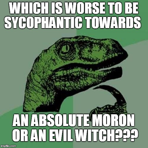 Philosoraptor Meme | WHICH IS WORSE TO BE SYCOPHANTIC TOWARDS AN ABSOLUTE MORON OR AN EVIL WITCH??? | image tagged in memes,philosoraptor | made w/ Imgflip meme maker