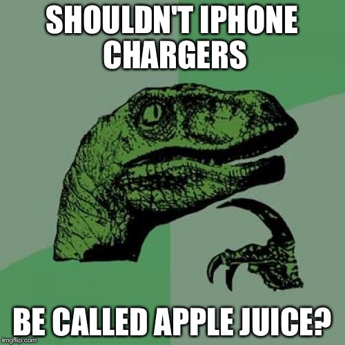 Philosoraptor Meme | SHOULDN'T IPHONE CHARGERS; BE CALLED APPLE JUICE? | image tagged in memes,philosoraptor | made w/ Imgflip meme maker