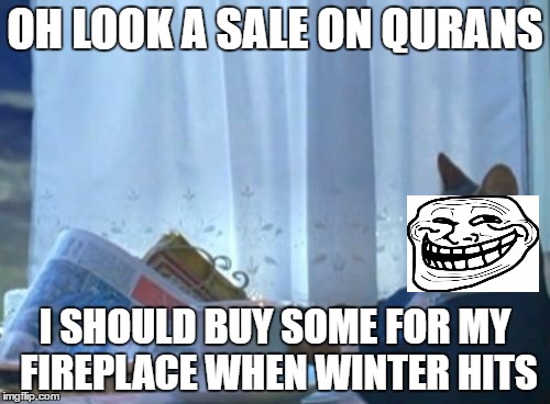 I Should Buy A Boat Cat Meme | OH LOOK A SALE ON QURANS; I SHOULD BUY SOME FOR MY FIREPLACE WHEN WINTER HITS | image tagged in memes,i should buy a boat cat | made w/ Imgflip meme maker