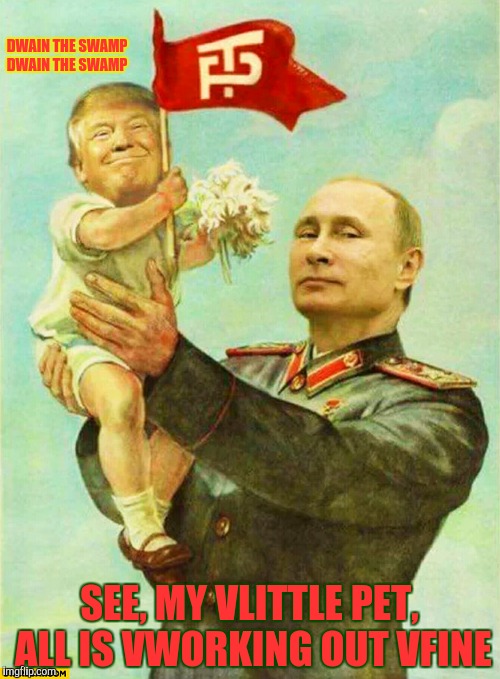 putin holding baby donald | DWAIN THE SWAMP DWAIN THE SWAMP SEE, MY VLITTLE PET, ALL IS VWORKING OUT VFINE | image tagged in putin holding baby donald | made w/ Imgflip meme maker