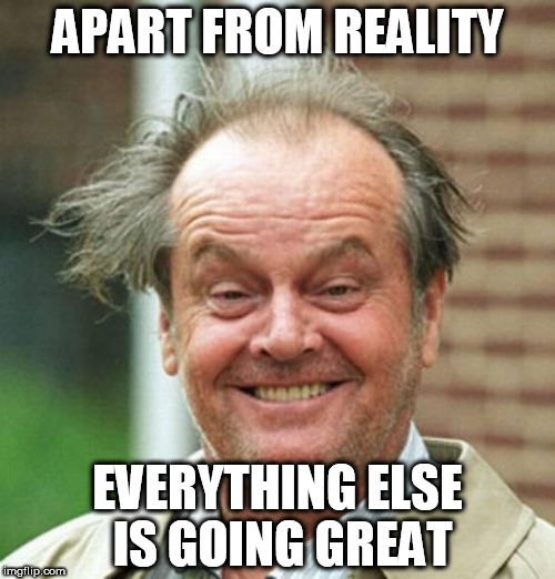 "I'm having a great day" | APART FROM REALITY; EVERYTHING ELSE IS GOING GREAT | image tagged in i'm having a great day | made w/ Imgflip meme maker