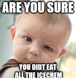 Skeptical Baby | ARE YOU
SURE; YOU DIDT EAT ALL THE ICECREM | image tagged in memes,skeptical baby | made w/ Imgflip meme maker