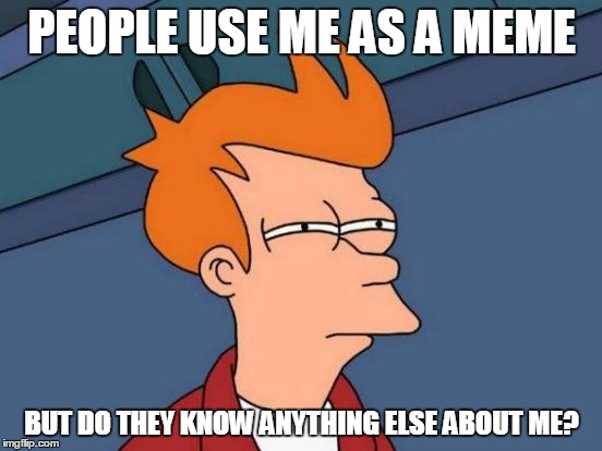 Futurama Fry Meme | PEOPLE USE ME AS A MEME; BUT DO THEY KNOW ANYTHING ELSE ABOUT ME? | image tagged in memes,futurama fry | made w/ Imgflip meme maker