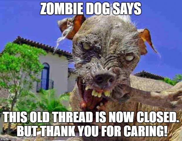 ZombieDog | ZOMBIE DOG SAYS; THIS OLD THREAD IS NOW CLOSED. BUT THANK YOU FOR CARING! | image tagged in zombiedog | made w/ Imgflip meme maker