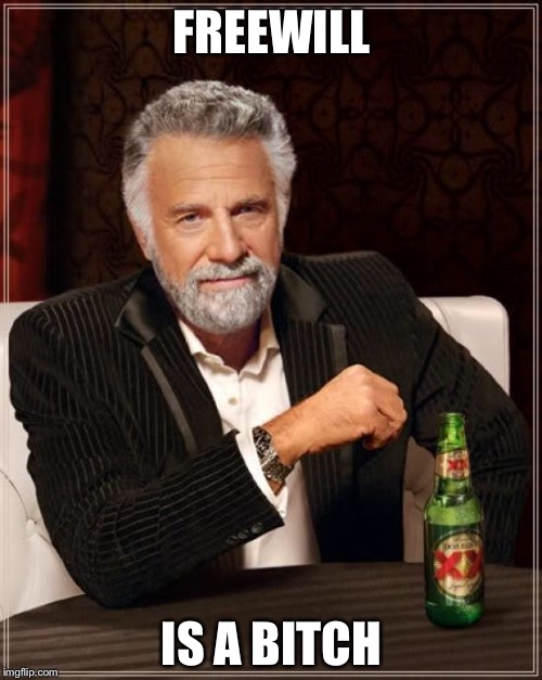 The Most Interesting Man In The World Meme | FREEWILL IS A B**CH | image tagged in memes,the most interesting man in the world | made w/ Imgflip meme maker