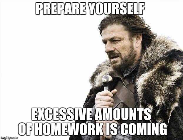 Brace Yourselves X is Coming | PREPARE YOURSELF; EXCESSIVE AMOUNTS OF HOMEWORK IS COMING | image tagged in memes,brace yourselves x is coming | made w/ Imgflip meme maker