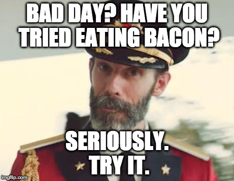 Don't stop eating until it's a good day. | BAD DAY? HAVE YOU TRIED EATING BACON? SERIOUSLY. TRY IT. | image tagged in captain obvious,iwanttobebacon,iwanttobebaconcom,have a nice day | made w/ Imgflip meme maker