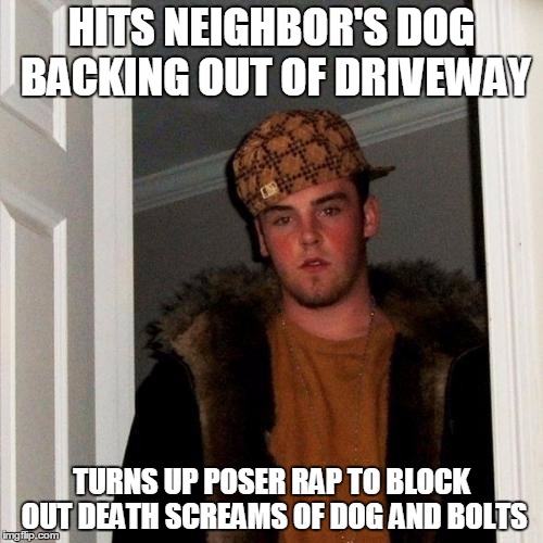 Scumbag Steve Meme | HITS NEIGHBOR'S DOG BACKING OUT OF DRIVEWAY; TURNS UP POSER RAP TO BLOCK OUT DEATH SCREAMS OF DOG AND BOLTS | image tagged in memes,scumbag steve | made w/ Imgflip meme maker