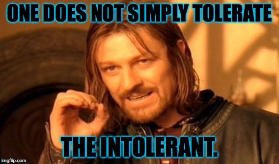 One Does Not Simply Meme | ONE DOES NOT SIMPLY TOLERATE; THE INTOLERANT. | image tagged in memes,one does not simply | made w/ Imgflip meme maker