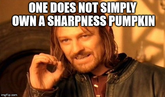 One Does Not Simply Meme | ONE DOES NOT SIMPLY OWN A SHARPNESS PUMPKIN | image tagged in memes,one does not simply | made w/ Imgflip meme maker