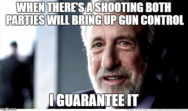 I Guarantee It Meme | WHEN THERE'S A SHOOTING BOTH PARTIES WILL BRING UP GUN CONTROL; I GUARANTEE IT | image tagged in memes,i guarantee it | made w/ Imgflip meme maker