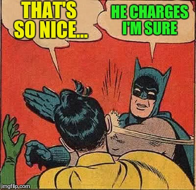 Batman Slapping Robin Meme | THAT'S SO NICE... HE CHARGES I'M SURE | image tagged in memes,batman slapping robin | made w/ Imgflip meme maker