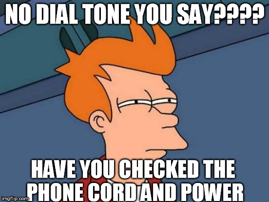 Futurama Fry | NO DIAL TONE YOU SAY???? HAVE YOU CHECKED THE PHONE CORD AND POWER | image tagged in memes,futurama fry | made w/ Imgflip meme maker