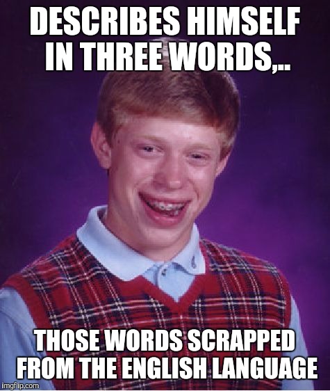 Bad Luck Brian Meme | DESCRIBES HIMSELF IN THREE WORDS,.. THOSE WORDS SCRAPPED FROM THE ENGLISH LANGUAGE | image tagged in memes,bad luck brian | made w/ Imgflip meme maker