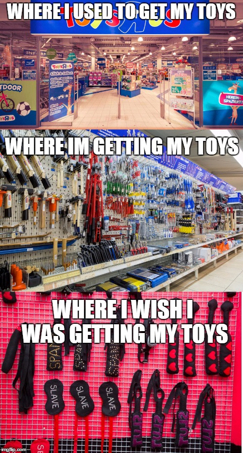 My toys | WHERE I USED TO GET MY TOYS; WHERE IM GETTING MY TOYS; WHERE I WISH I WAS GETTING MY TOYS | image tagged in kids toys,sex toys,tools | made w/ Imgflip meme maker