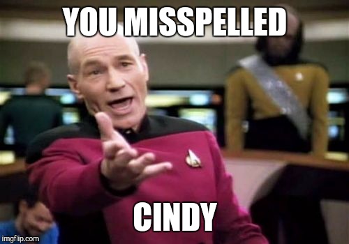 Picard Wtf Meme | YOU MISSPELLED CINDY | image tagged in memes,picard wtf | made w/ Imgflip meme maker