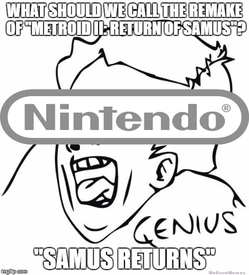 Genius Nintendo | WHAT SHOULD WE CALL THE REMAKE OF "METROID II: RETURN OF SAMUS"? "SAMUS RETURNS" | image tagged in genius,nintendo,metroid,samus,remake,memes | made w/ Imgflip meme maker