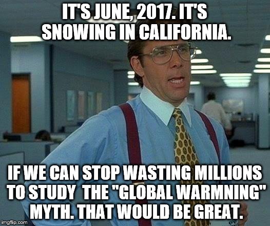 Snow in June. | IT'S JUNE, 2017. IT'S SNOWING IN CALIFORNIA. IF WE CAN STOP WASTING MILLIONS TO STUDY  THE "GLOBAL WARMNING" MYTH. THAT WOULD BE GREAT. | image tagged in memes,that would be great | made w/ Imgflip meme maker