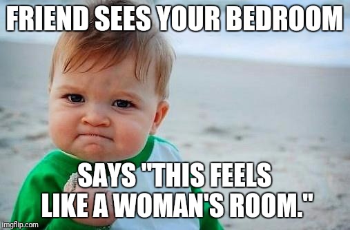 Victory Baby | FRIEND SEES YOUR BEDROOM; SAYS "THIS FEELS LIKE A WOMAN'S ROOM." | image tagged in victory baby | made w/ Imgflip meme maker