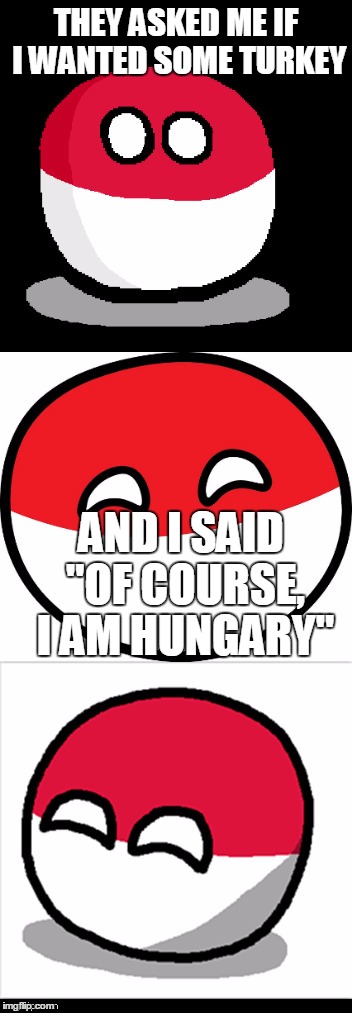 Bad Pun 1444 Polandball |  THEY ASKED ME IF I WANTED SOME TURKEY; AND I SAID "OF COURSE, I AM HUNGARY" | image tagged in bad pun polandball,memes,polandball,hungary,turkey,poland | made w/ Imgflip meme maker