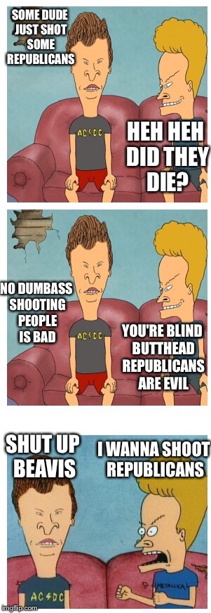 Republicans in the gallery... the shooting gallery | SOME DUDE JUST SHOT SOME REPUBLICANS; HEH HEH DID THEY DIE? NO DUMBASS SHOOTING PEOPLE IS BAD; YOU'RE BLIND BUTTHEAD REPUBLICANS ARE EVIL; SHUT UP BEAVIS; I WANNA SHOOT REPUBLICANS | image tagged in beavis and butthead,memes | made w/ Imgflip meme maker