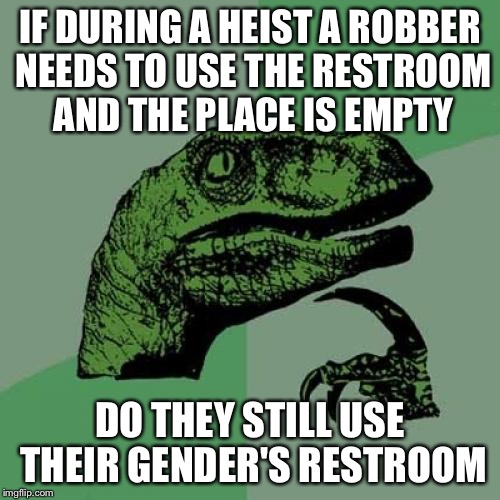Philosoraptor Meme | IF DURING A HEIST A ROBBER NEEDS TO USE THE RESTROOM AND THE PLACE IS EMPTY; DO THEY STILL USE THEIR GENDER'S RESTROOM | image tagged in memes,philosoraptor | made w/ Imgflip meme maker