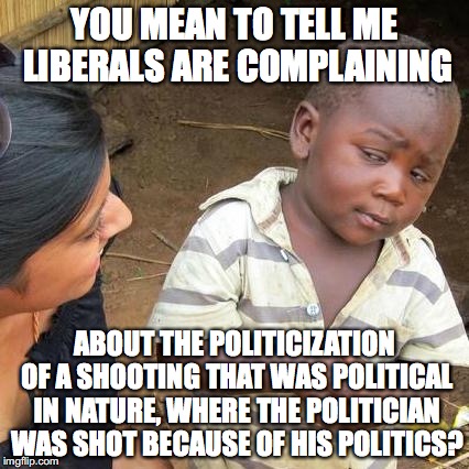 H8rs gonna H8, right Liberals? | YOU MEAN TO TELL ME LIBERALS ARE COMPLAINING; ABOUT THE POLITICIZATION OF A SHOOTING THAT WAS POLITICAL IN NATURE, WHERE THE POLITICIAN WAS SHOT BECAUSE OF HIS POLITICS? | image tagged in alexandria,republican,2017,shooting,politics | made w/ Imgflip meme maker