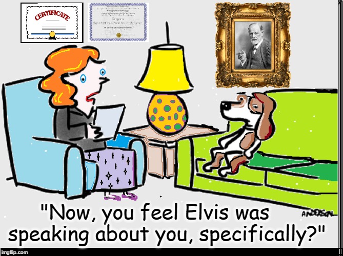 You Ain't Nothing but a Hound Doc | "Now, you feel Elvis was    speaking about you, specifically?" | image tagged in vince vance,elvis,elvis presley,dogs,dog psychiatrist,sigmund freud | made w/ Imgflip meme maker